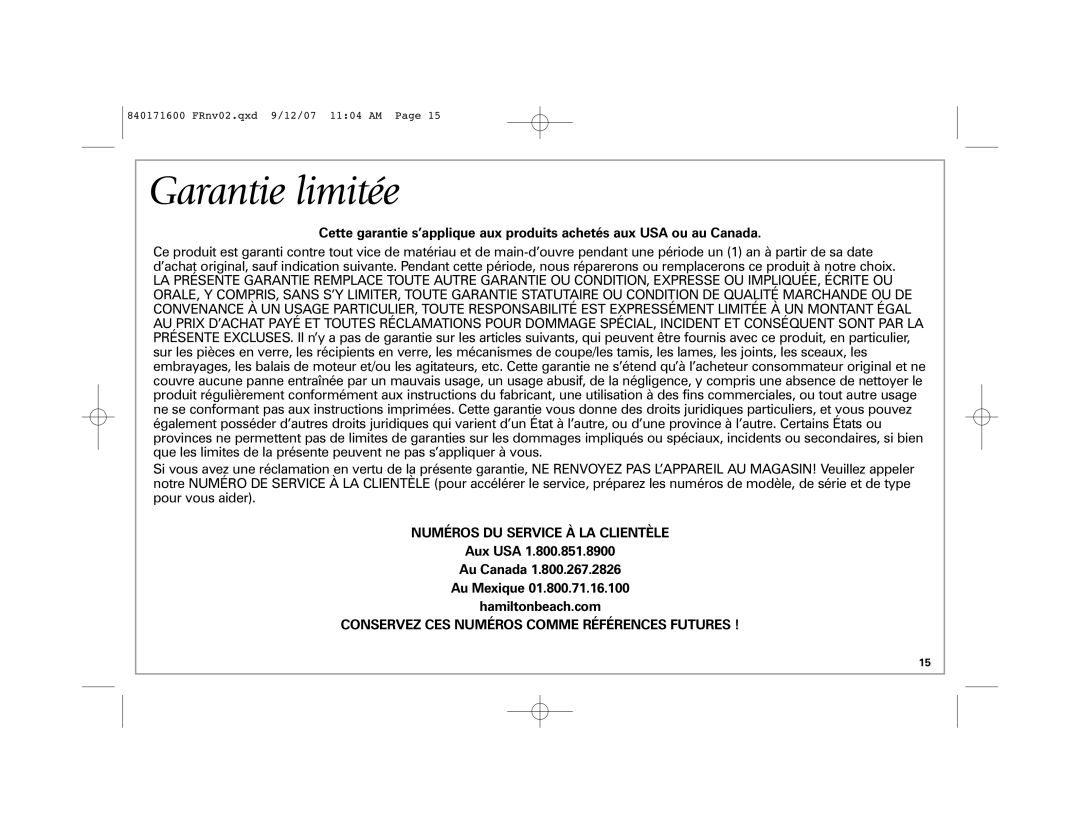 Hamilton Beach 62650C Garantie limitée, Numéros DU Service À LA Clientèle, Aux USA Au Canada Au Mexique Hamiltonbeach.com 