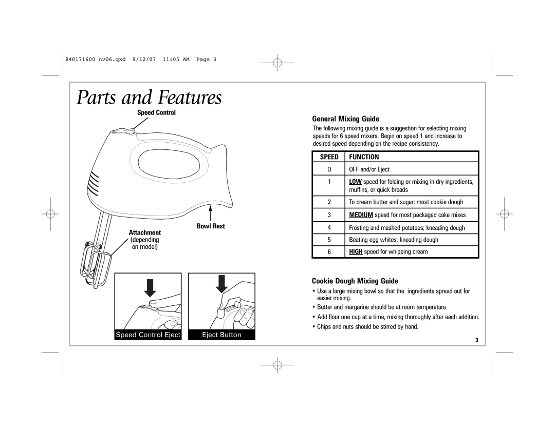 Hamilton Beach 62650C manual Parts and Features, Speed Control Bowl Rest Attachment, Function 