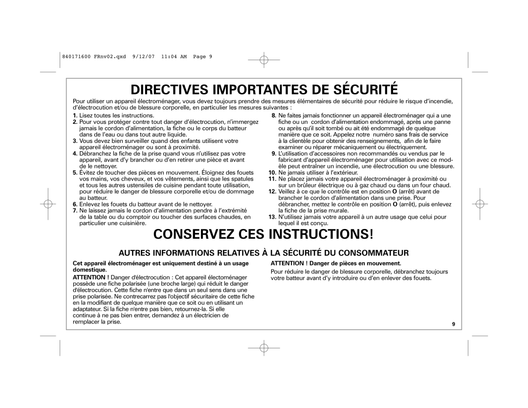 Hamilton Beach 62650C manual Directives Importantes DE Sécurité 