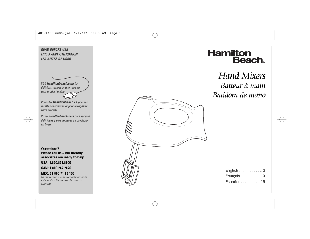 Hamilton Beach 62650C manual Hand Mixers, Batteur à main Batidora de mano, Read Before Use, Questions?, English, Français 