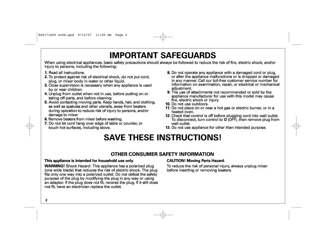Hamilton Beach 62650C manual Important Safeguards, Save These Instructions, Other Consumer Safety Information 