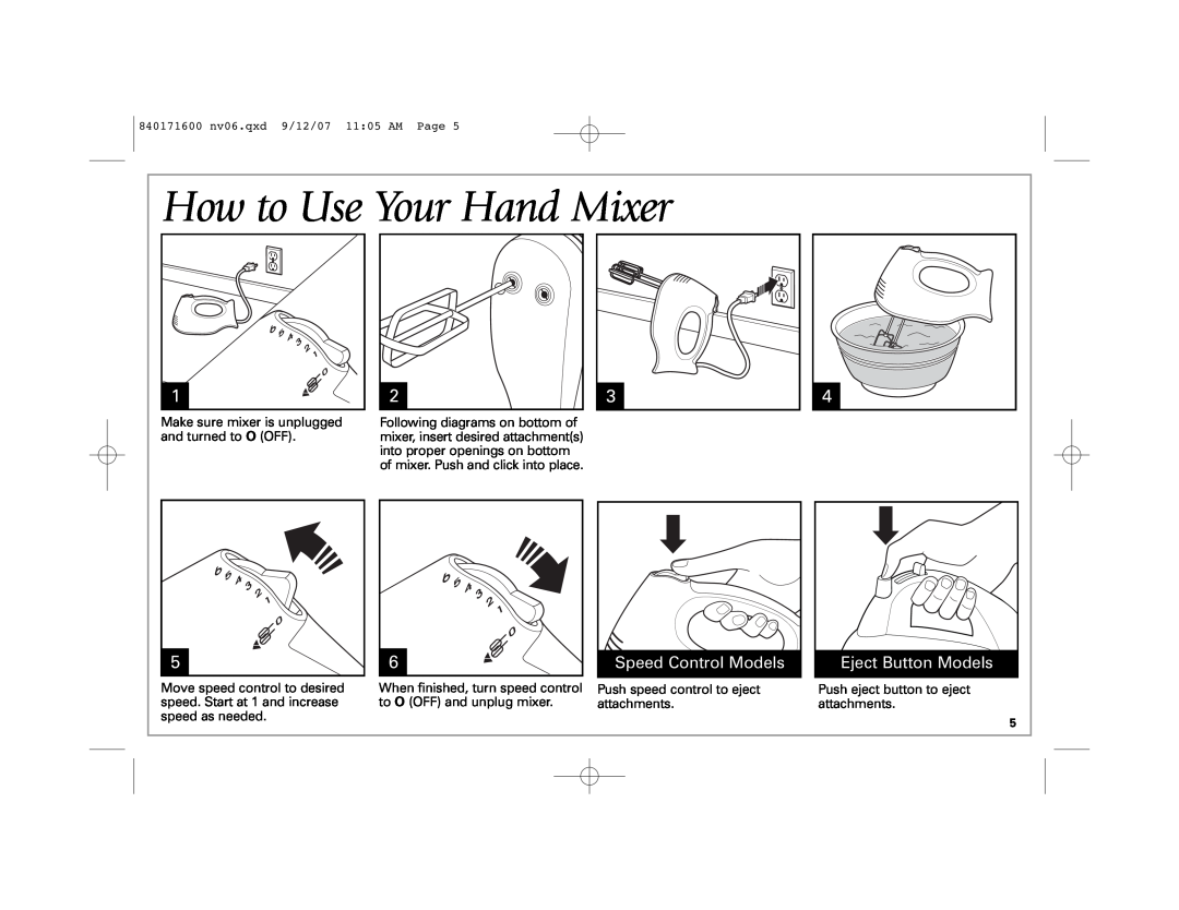 Hamilton Beach 62650C manual How to Use Your Hand Mixer, Speed Control Models, Eject Button Models 