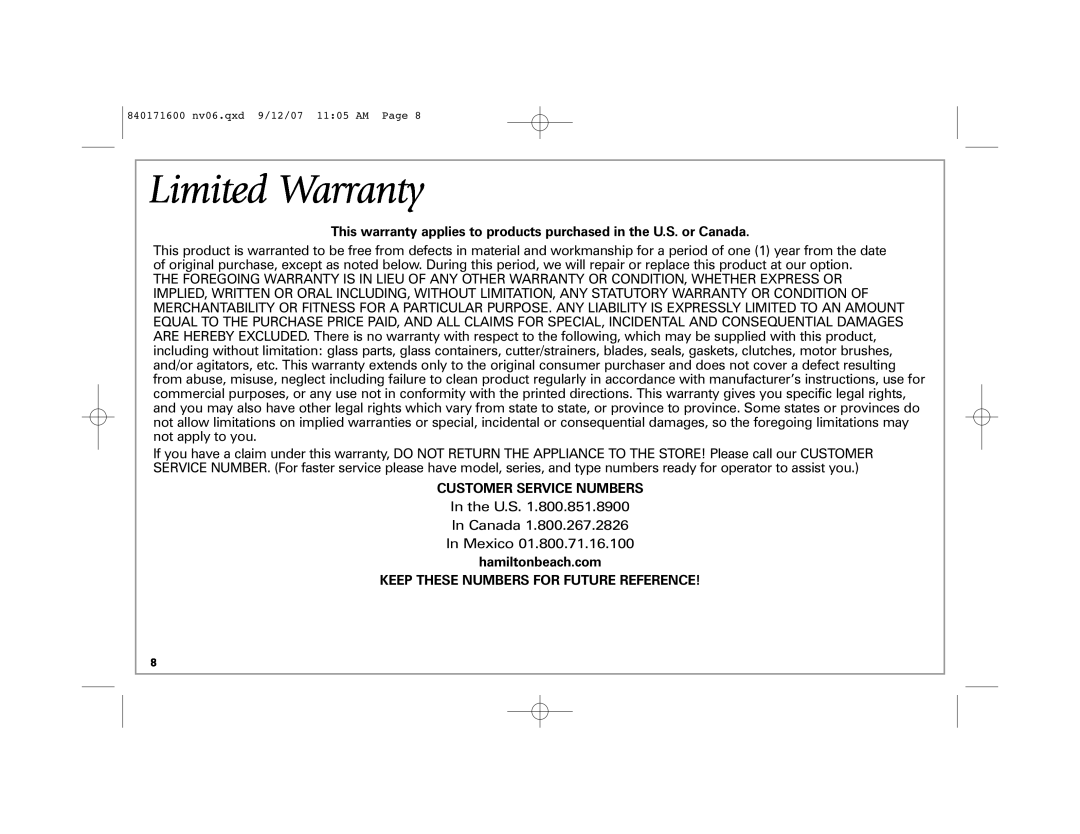 Hamilton Beach 62650C manual Limited Warranty, This warranty applies to products purchased in the U.S. or Canada 