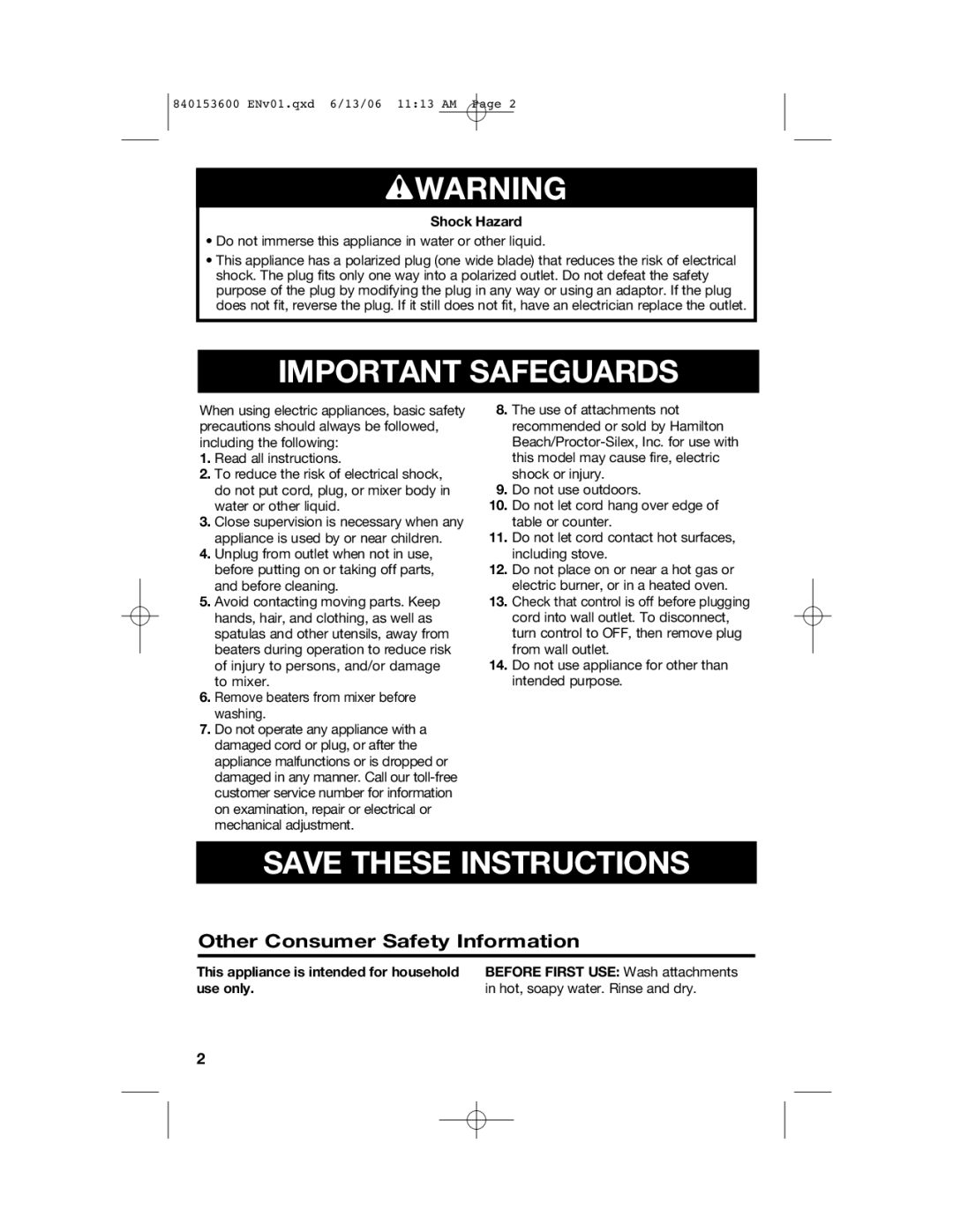 Hamilton Beach 62660 manual Wwarning, Other Consumer Safety Information 