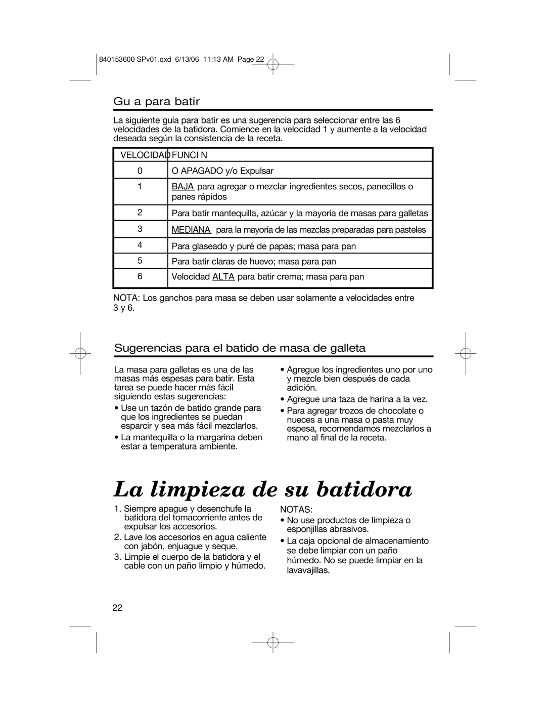 Hamilton Beach 62660 La limpieza de su batidora, Guía para batir, Sugerencias para el batido de masa de galleta, Notas 