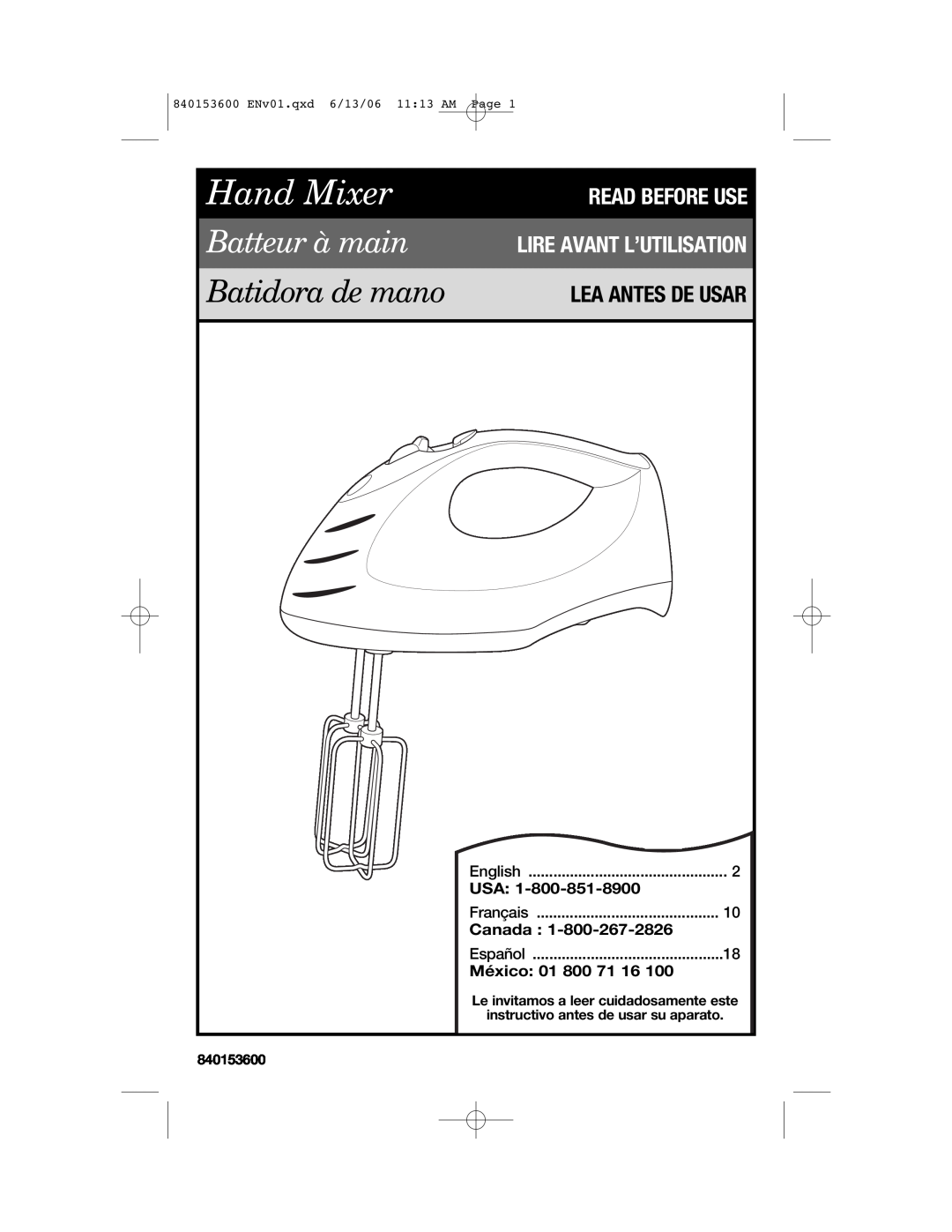 Hamilton Beach 62660 manual Lea Antes De Usar, Canada, México, Hand Mixer, Batteur à main, Batidora de mano 