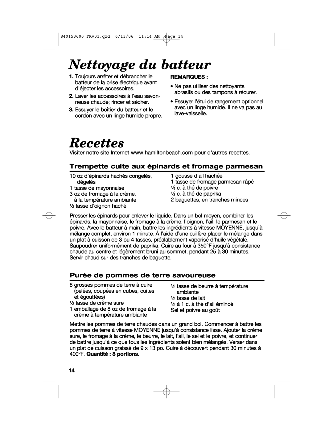 Hamilton Beach 62660 manual Nettoyage du batteur, Recettes, Trempette cuite aux épinards et fromage parmesan, Remarques 