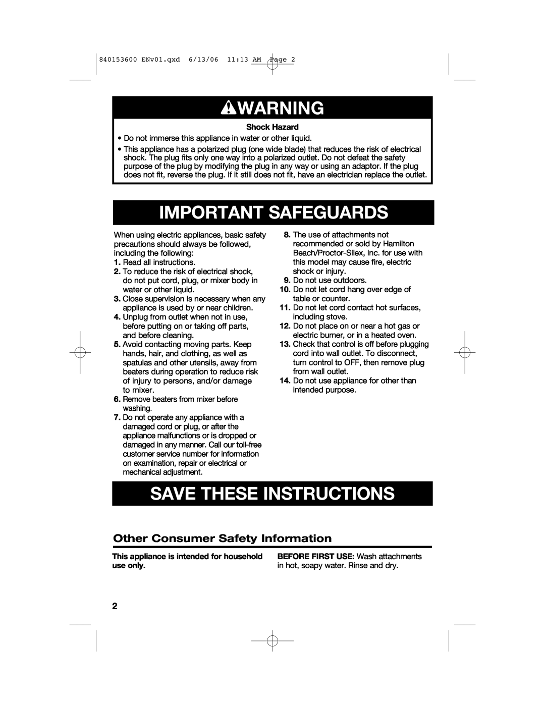 Hamilton Beach 62660 manual wWARNING, Important Safeguards, Save These Instructions, Other Consumer Safety Information 