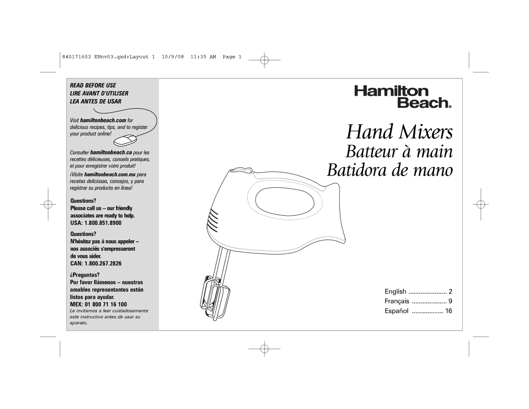 Hamilton Beach 62665N manual Hand Mixers 