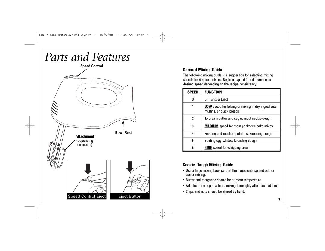 Hamilton Beach 62665N manual Parts and Features, Speed Function 