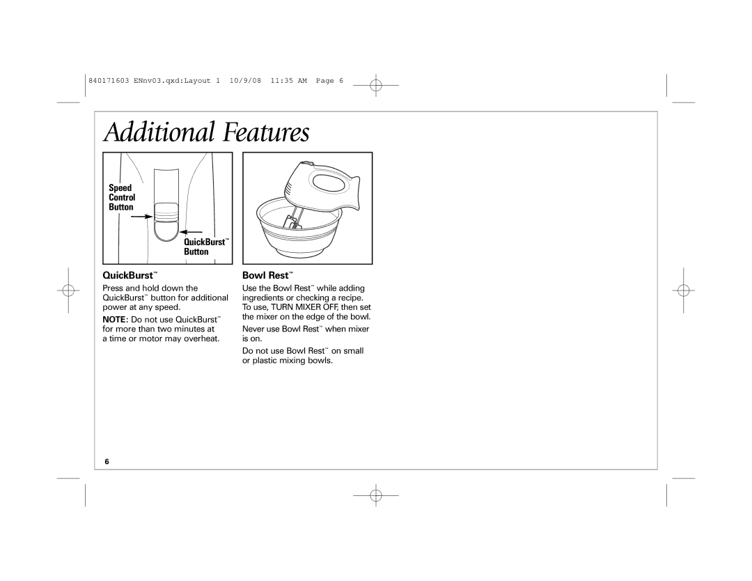 Hamilton Beach 62665N manual Additional Features, QuickBurst 