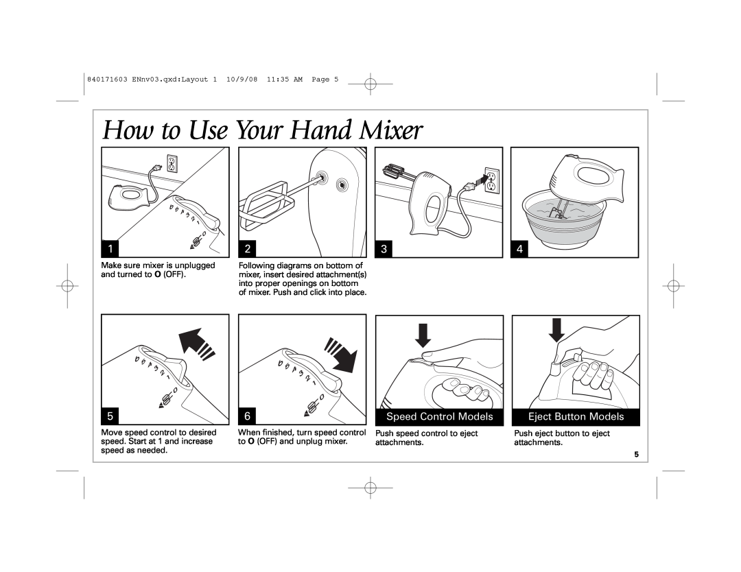 Hamilton Beach 62665N manual How to Use Your Hand Mixer, Speed Control Models, Eject Button Models 
