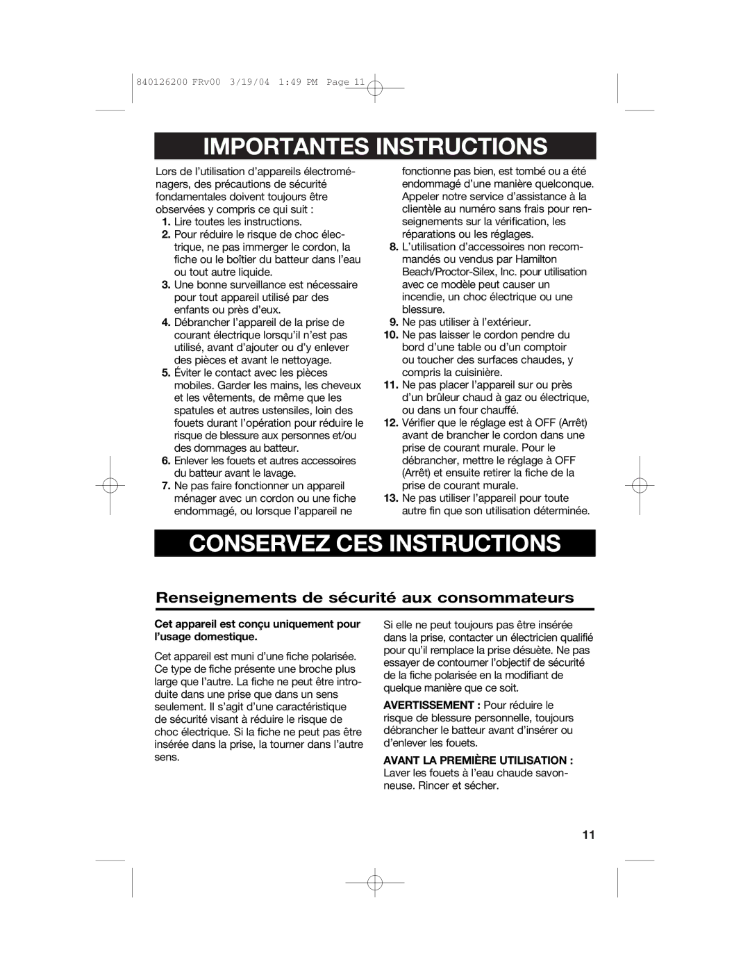 Hamilton Beach 62680C manual Importantes Instructions, Renseignements de sécurité aux consommateurs 