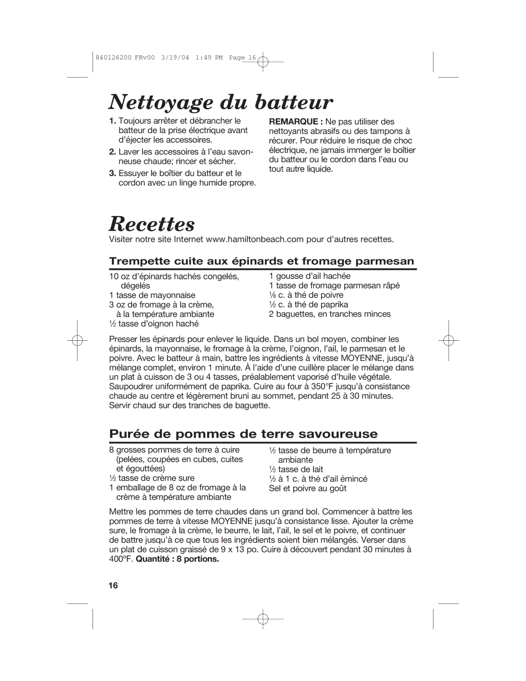 Hamilton Beach 62680C manual Nettoyage du batteur, Recettes, Purée de pommes de terre savoureuse 