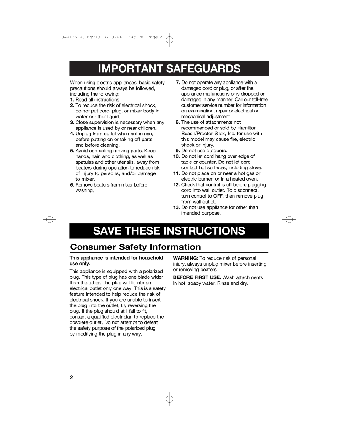 Hamilton Beach 62680C manual Important Safeguards, Consumer Safety Information 