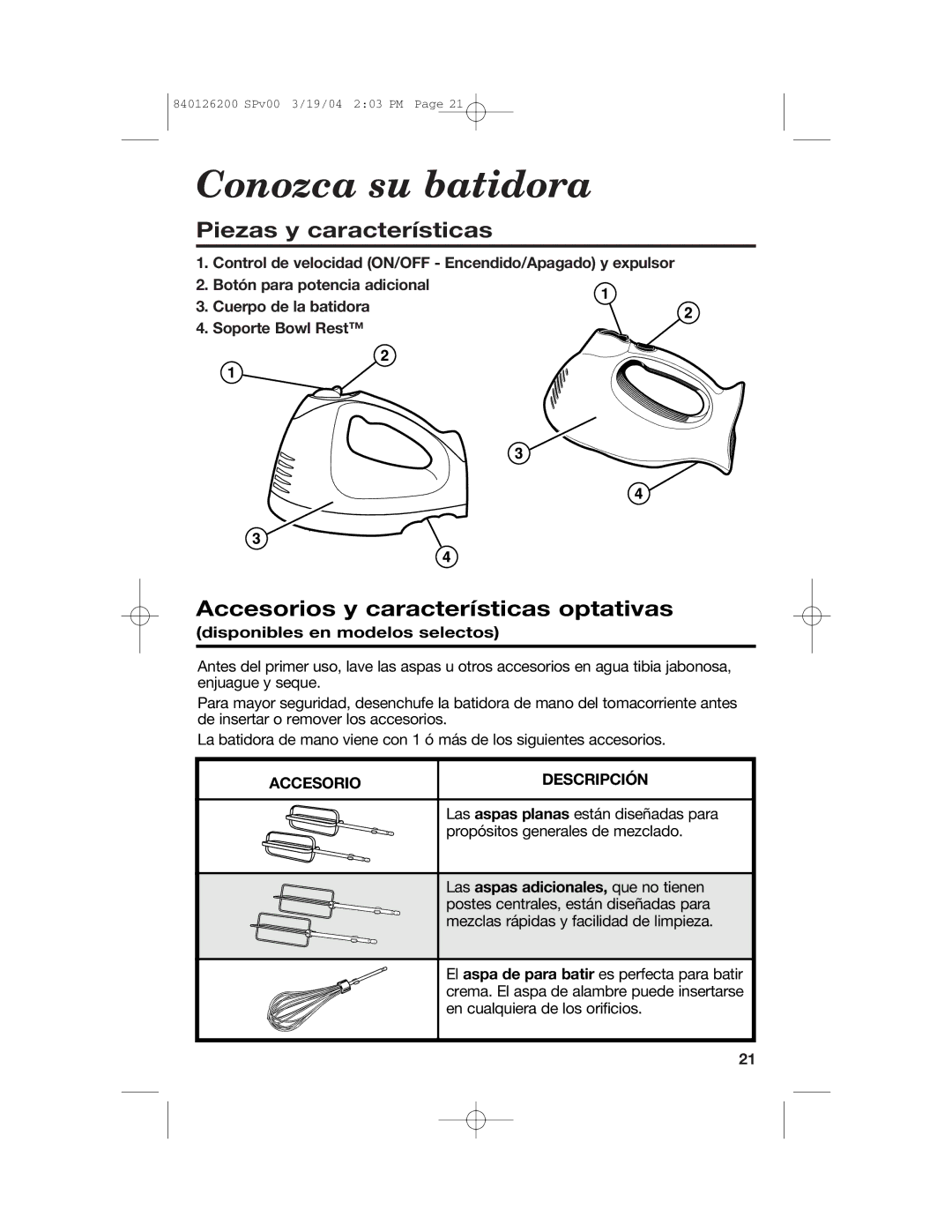 Hamilton Beach 62680C manual Conozca su batidora, Piezas y características, Accesorios y características optativas 