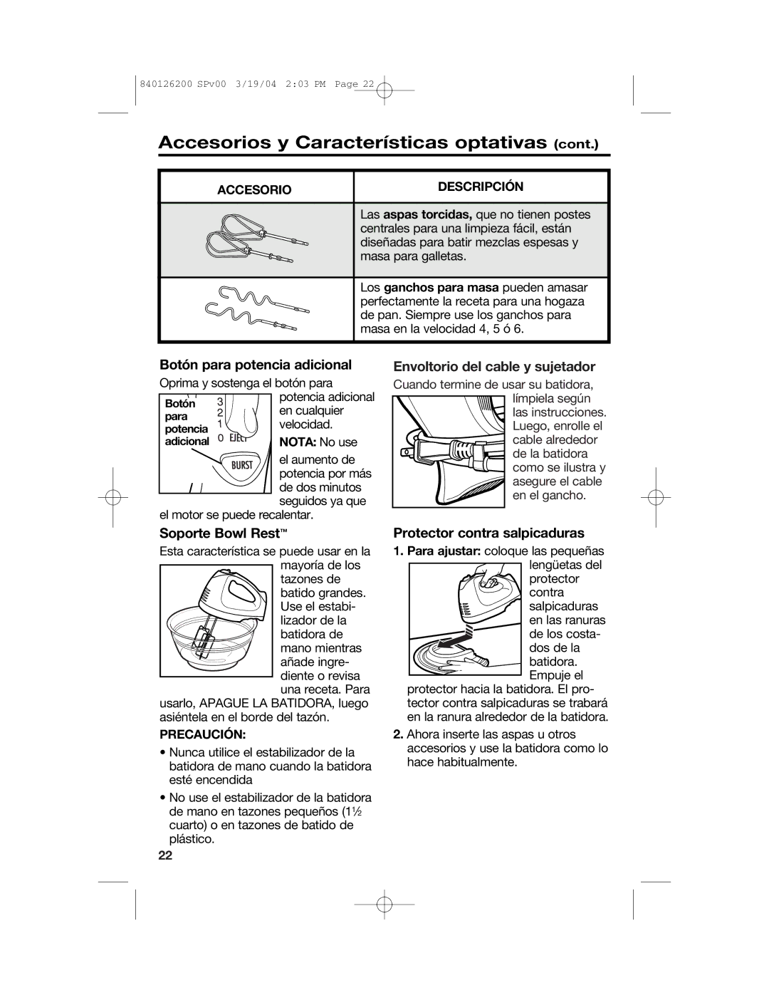 Hamilton Beach 62680C manual Botón para potencia adicional, Soporte Bowl Rest, Envoltorio del cable y sujetador, Precaución 