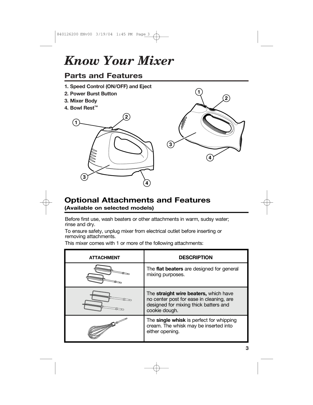 Hamilton Beach 62680C Know Your Mixer, Parts and Features, Optional Attachments and Features, Available on selected models 