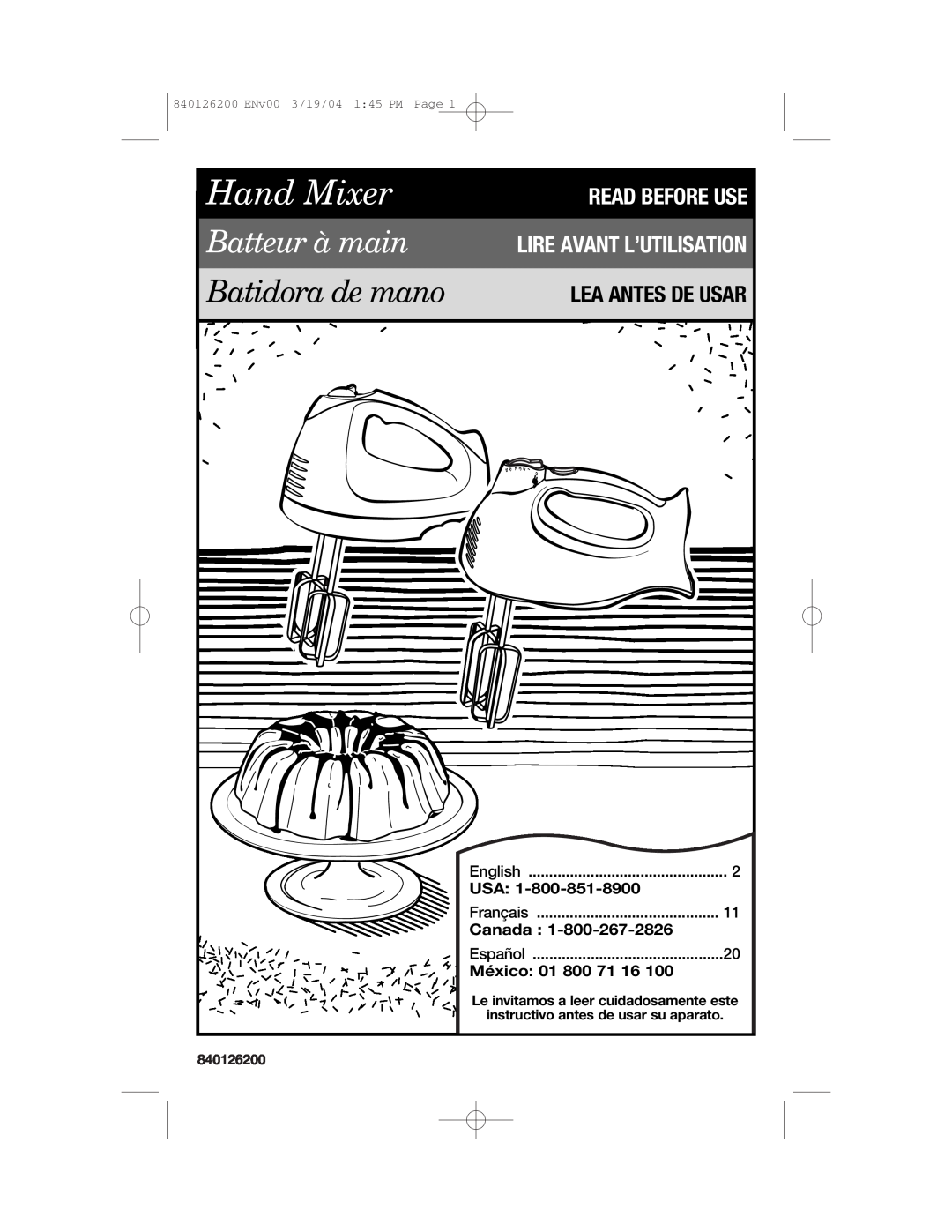 Hamilton Beach 62680C manual Lea Antes De Usar, Canada, México: 01 800 71 16, Hand Mixer, Batteur à main, Batidora de mano 
