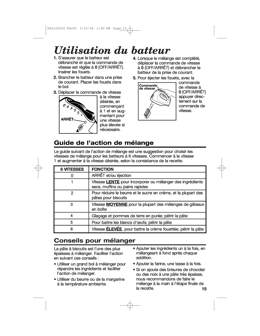 Hamilton Beach 62680C Utilisation du batteur, Guide de l’action de mélange, Conseils pour mélanger, Vitesses Fonction 