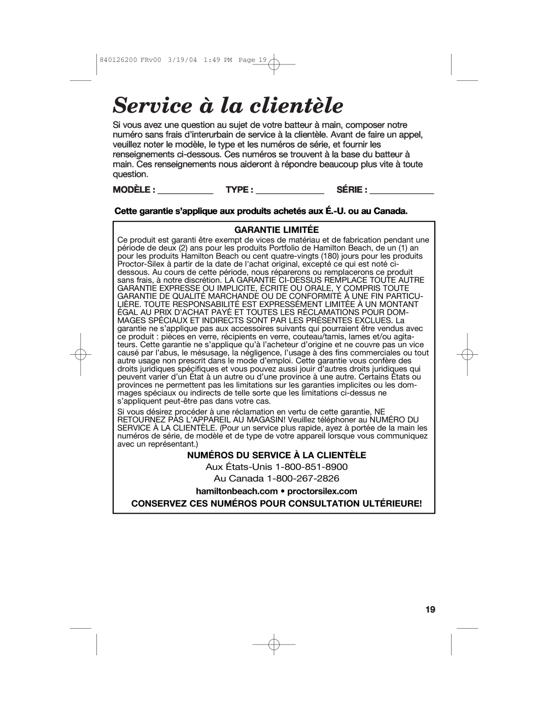 Hamilton Beach 62680C manual Service à la clientèle, Garantie Limitée, Numéros Du Service À La Clientèle 