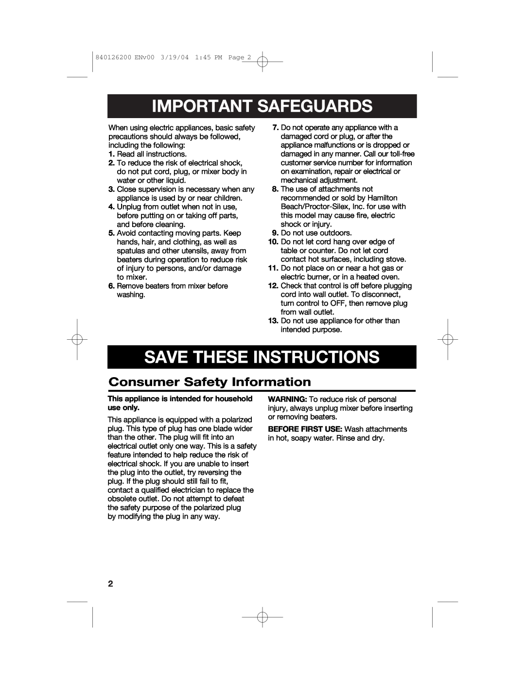 Hamilton Beach 62680C manual Consumer Safety Information, Important Safeguards, Save These Instructions 