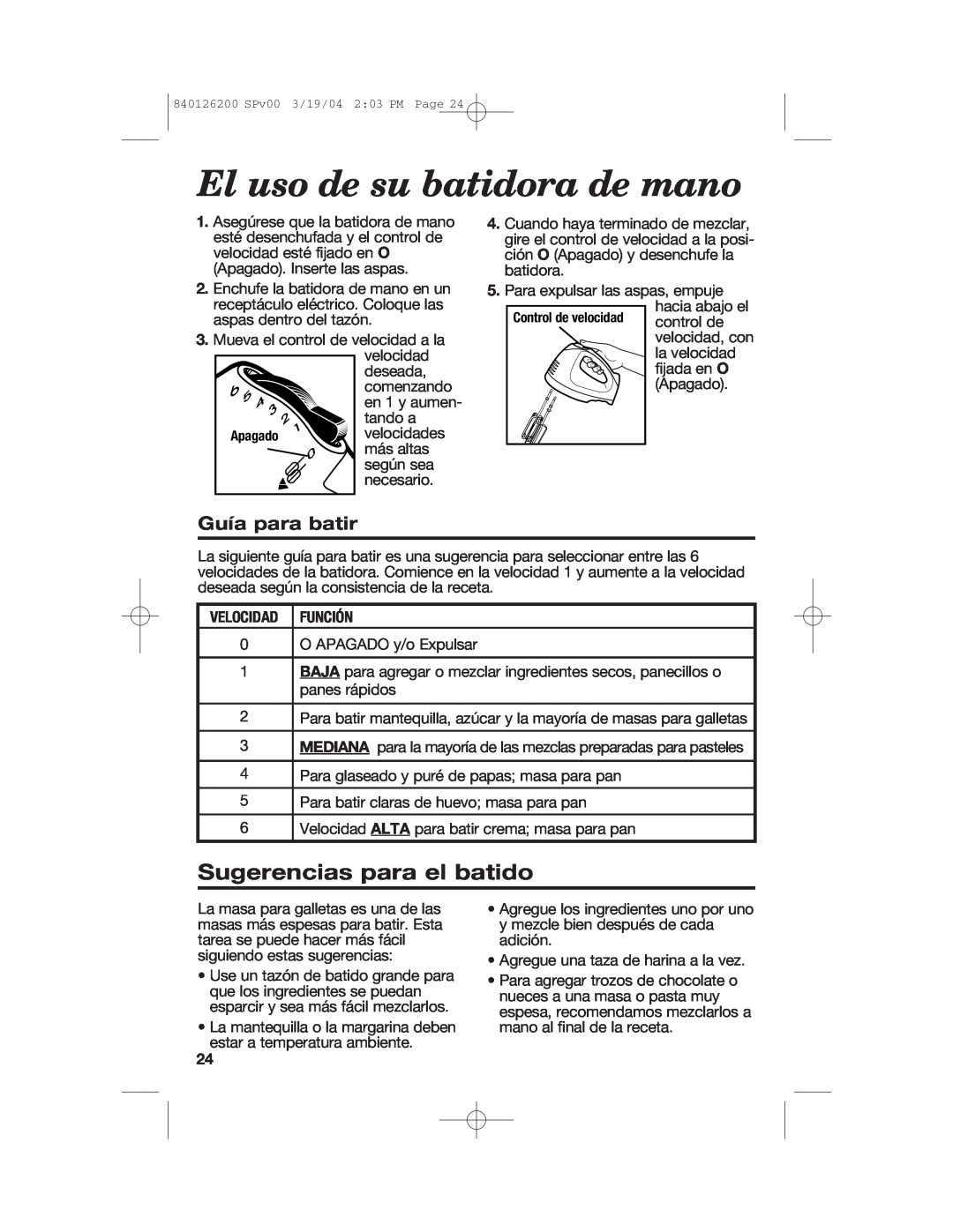 Hamilton Beach 62680C manual Sugerencias para el batido, Guía para batir, Velocidad Función, El uso de su batidora de mano 