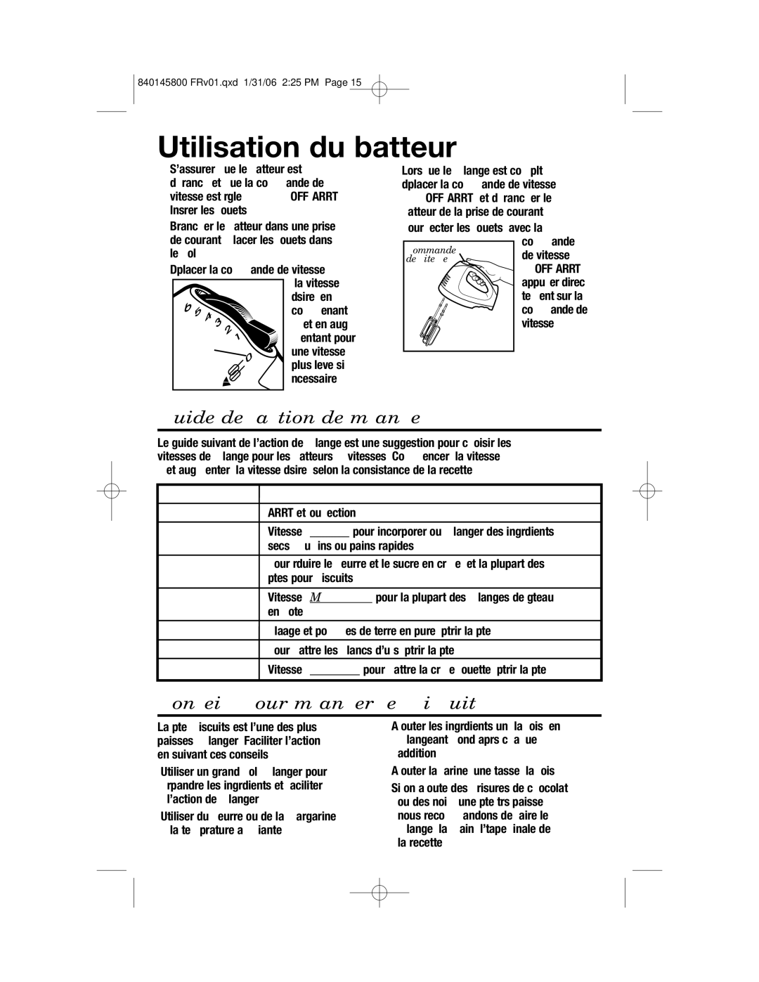 Hamilton Beach 62684, 62680 manual Utilisation du batteur, Guide de l’action de mélange, Conseils pour mélanger les biscuits 