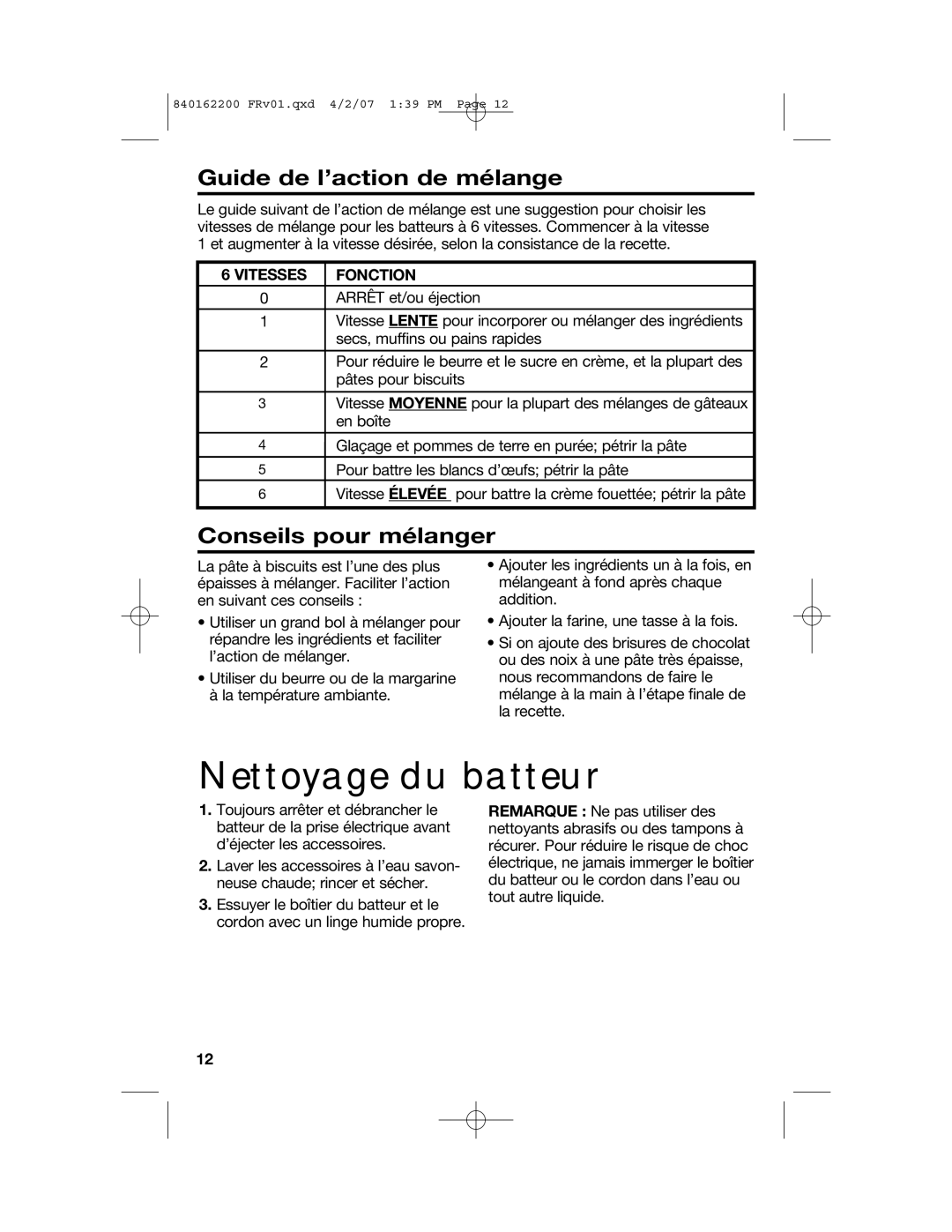 Hamilton Beach 62695NC manual Nettoyage du batteur, Guide de l’action de mélange, Conseils pour mélanger, Vitesses Fonction 