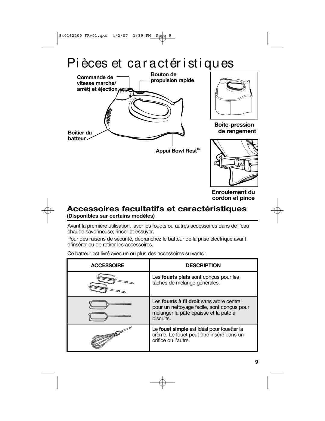 Hamilton Beach 62695NC manual Pièces et caractéristiques, Accessoires facultatifs et caractéristiques, Boîte-pression 