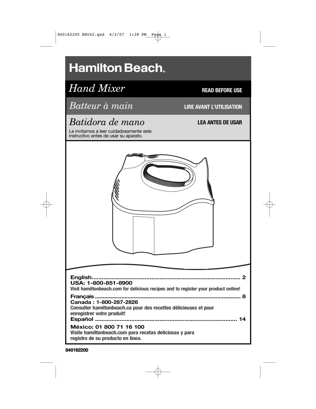 Hamilton Beach 62695NC manual Lea Antes De Usar, English, Français, Canada, Español, México 01 800, Hand Mixer 