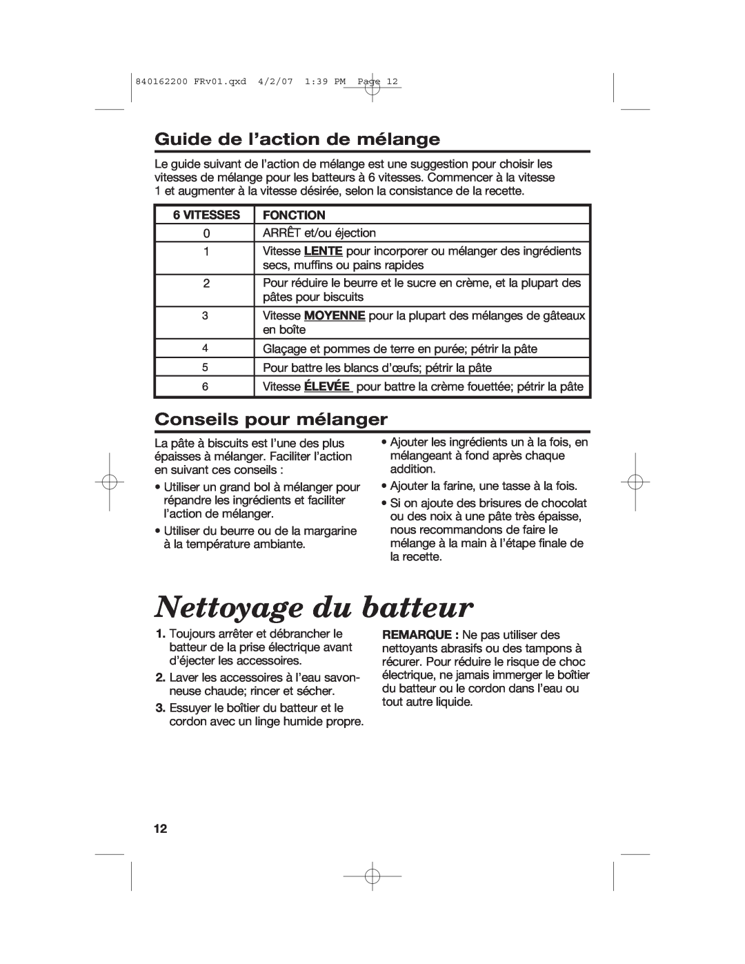 Hamilton Beach 62695NC manual Nettoyage du batteur, Guide de l’action de mélange, Conseils pour mélanger, Vitesses Fonction 