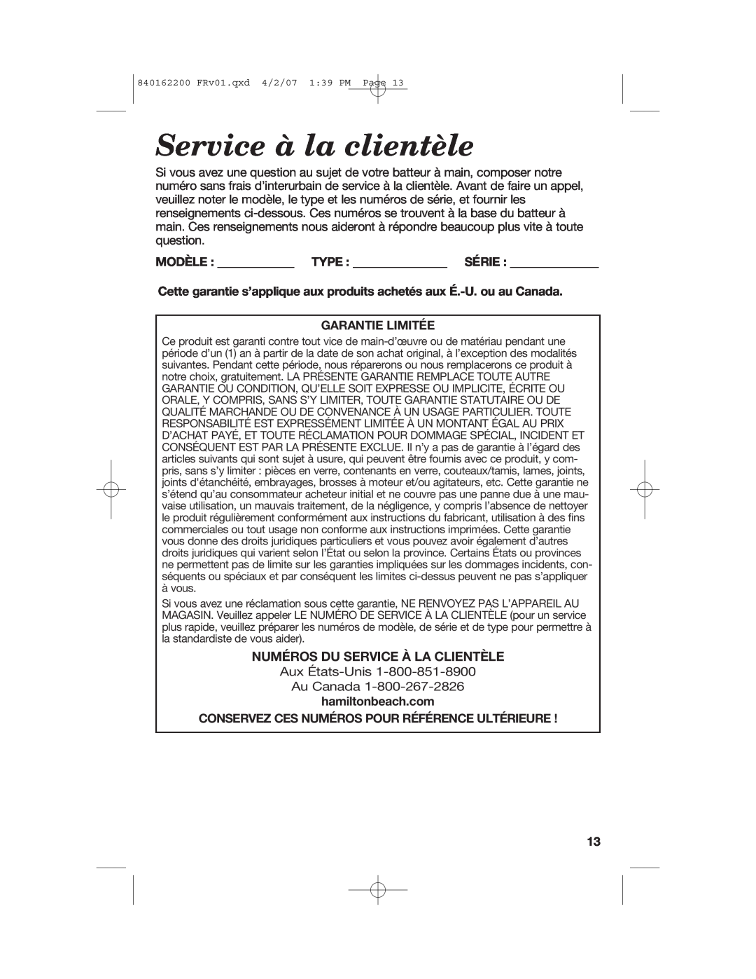 Hamilton Beach 62695NC Service à la clientèle, Numéros Du Service À La Clientèle, Modèle Type Série, Garantie Limitée 