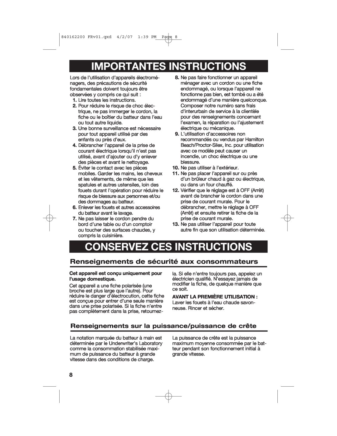 Hamilton Beach 62695NC Importantes Instructions, Conservez Ces Instructions, Renseignements de sécurité aux consommateurs 