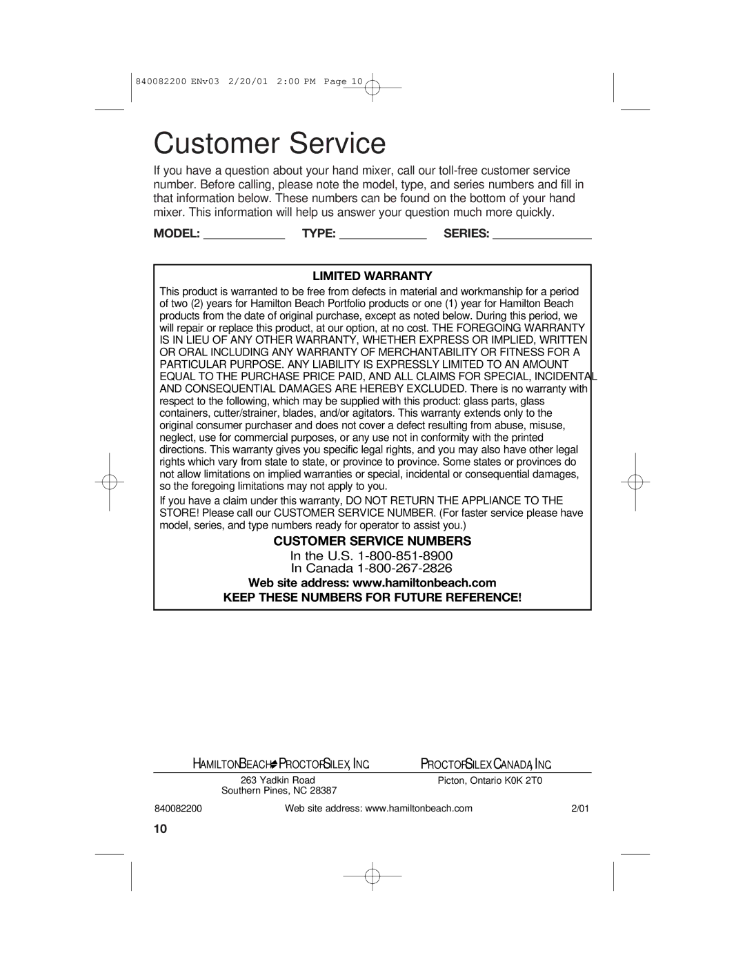 Hamilton Beach 62695RC manual Customer Service, Limited Warranty, Keep These Numbers for Future Reference 