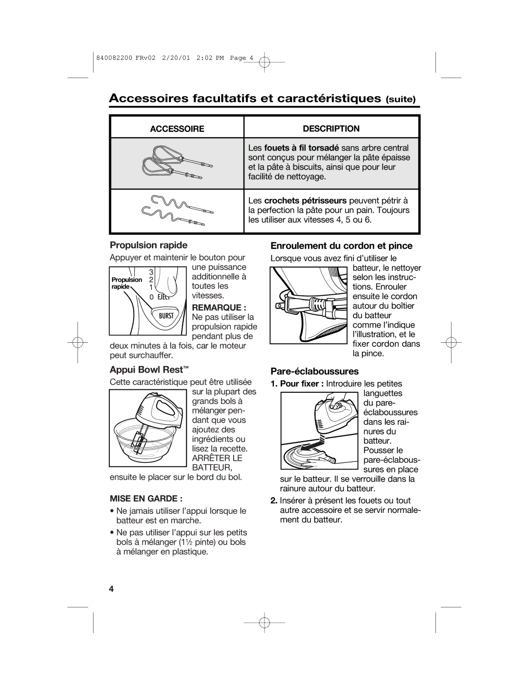 Hamilton Beach 62695RC manual Propulsion rapide, Appui Bowl Rest, Enroulement du cordon et pince, Pare-éclaboussures 