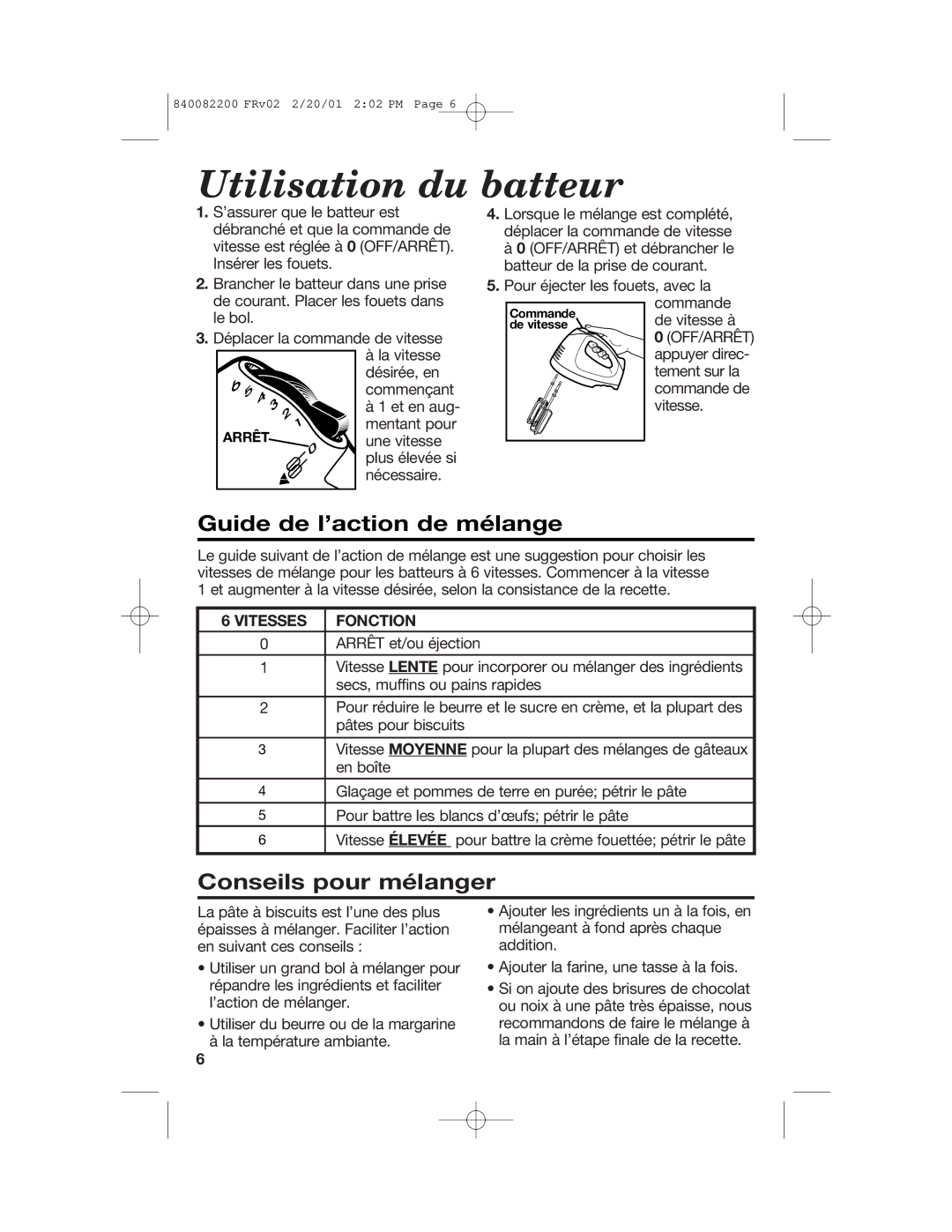 Hamilton Beach 62695RC Utilisation du batteur, Guide de l’action de mélange, Conseils pour mélanger, Vitesses Fonction 