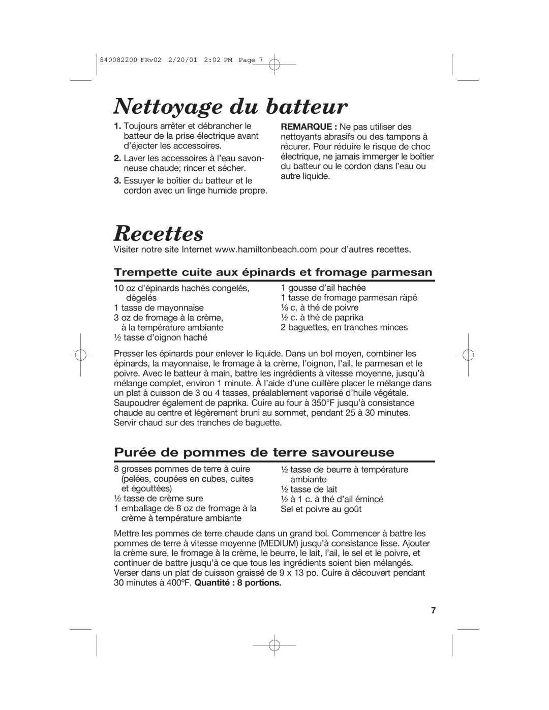 Hamilton Beach 62695RC manual Nettoyage du batteur, Recettes, Purée de pommes de terre savoureuse 