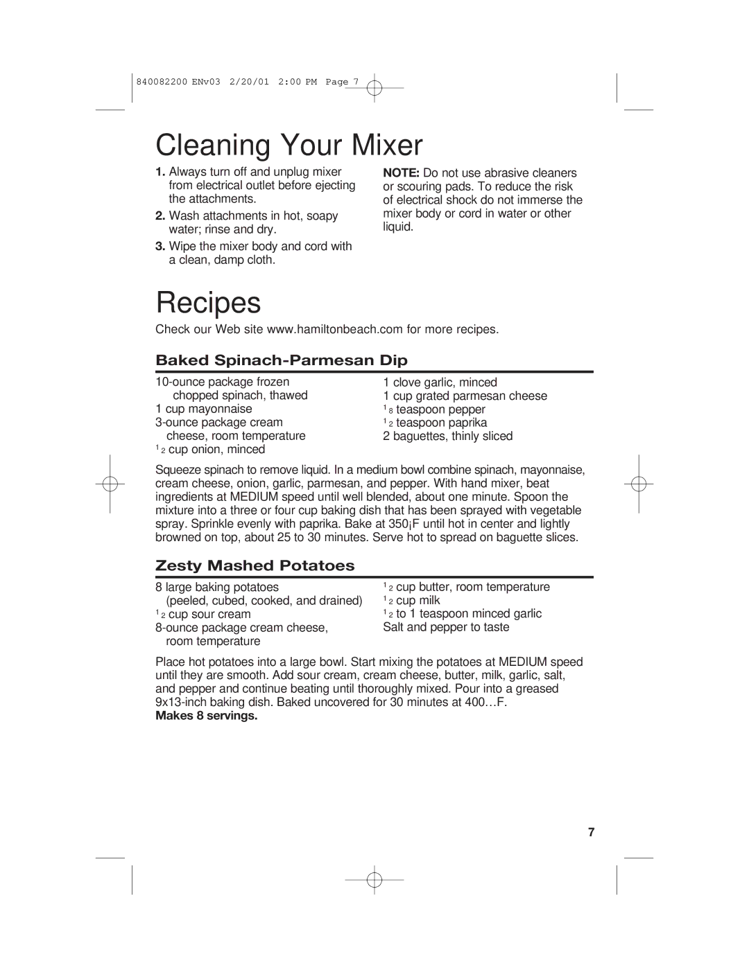 Hamilton Beach 62695RC manual Cleaning Your Mixer, Recipes, Baked Spinach-Parmesan Dip, Zesty Mashed Potatoes 