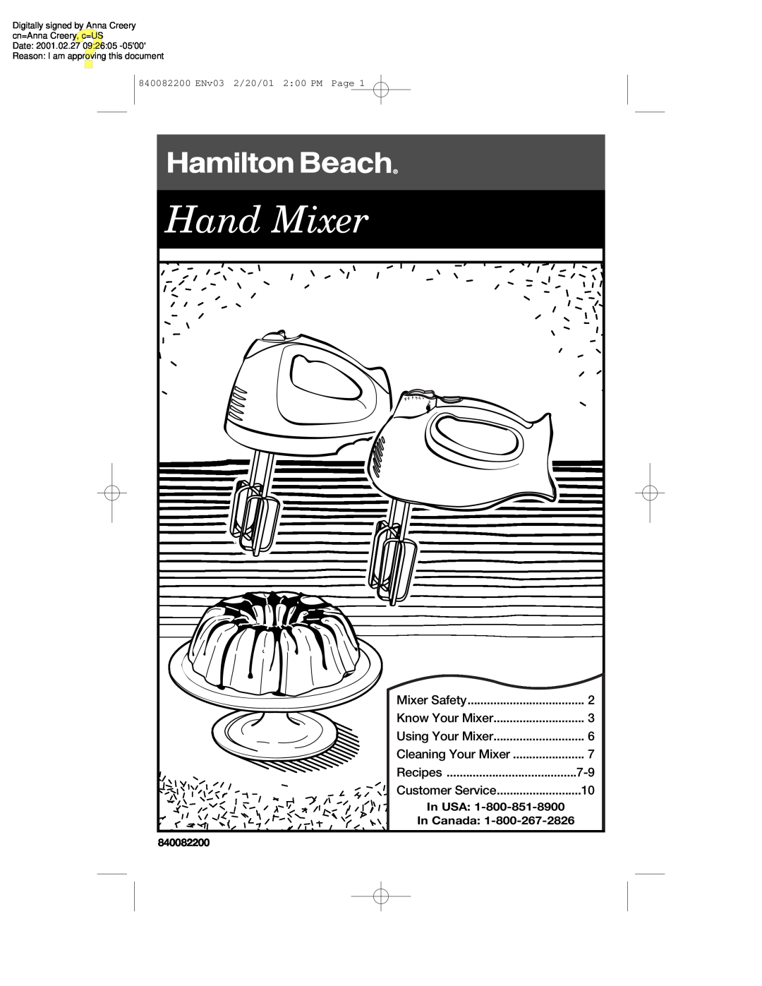 Hamilton Beach 62695RC manual Hand Mixer, Mixer Safety, Know Your Mixer, Using Your Mixer, Cleaning Your Mixer, Recipes 