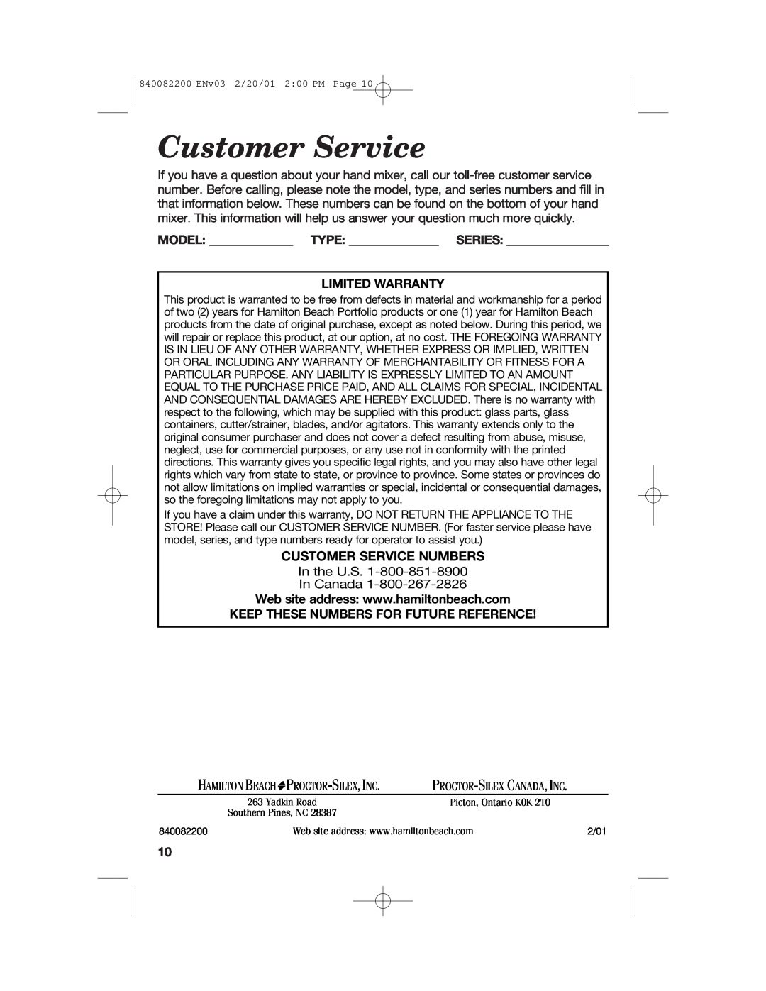 Hamilton Beach 62695RC manual Customer Service Numbers, Model Type Series Limited Warranty, Hamilton Beach 