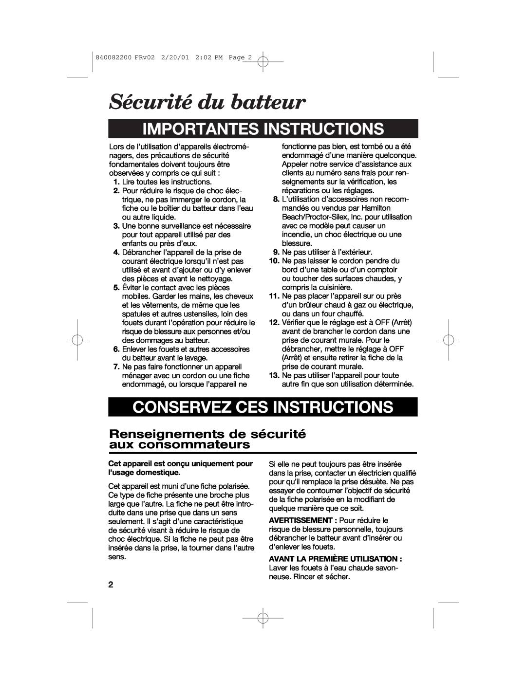 Hamilton Beach 62695RC manual Sécurité du batteur, Renseignements de sécurité aux consommateurs, Importantes Instructions 