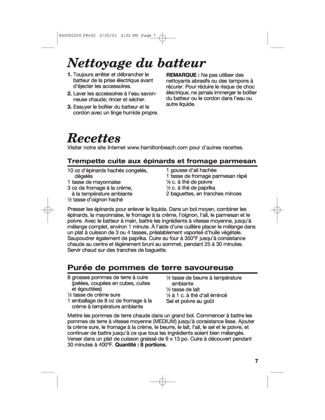 Hamilton Beach 62695RC manual Nettoyage du batteur, Recettes, Purée de pommes de terre savoureuse 