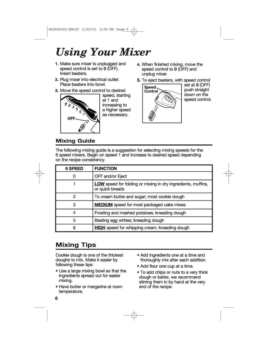 Hamilton Beach 62695RC manual Using Your Mixer, Mixing Tips, Mixing Guide, Speed, Function 