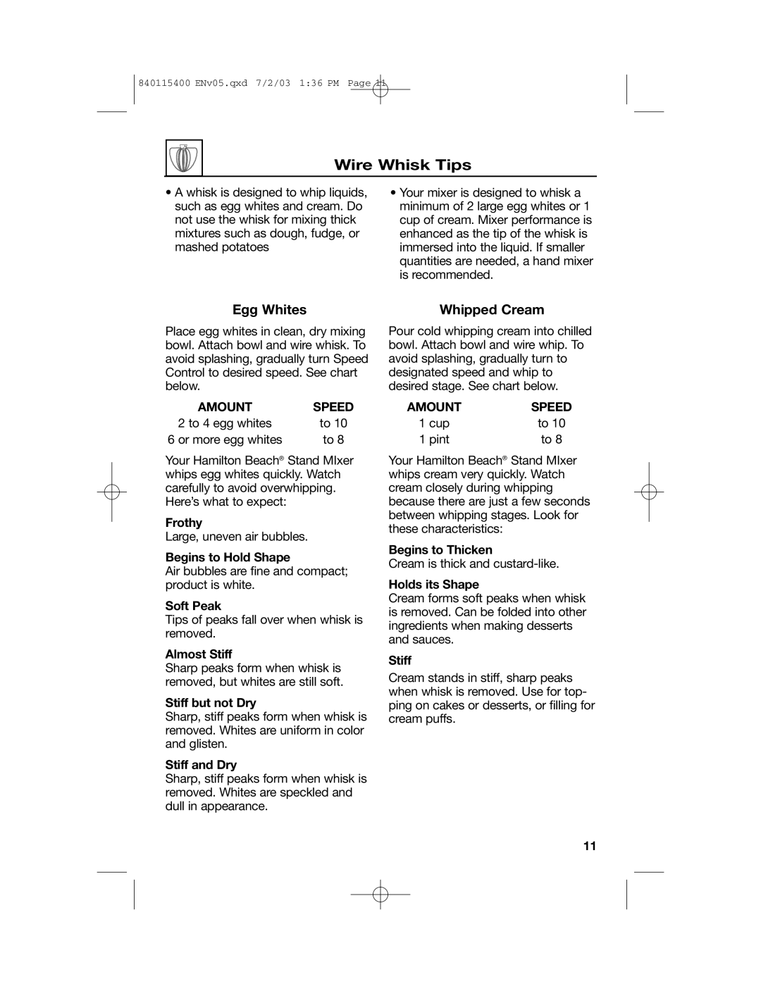 Hamilton Beach 63222CH manual Wire Whisk Tips, Egg Whites, Whipped Cream, Amount Speed 