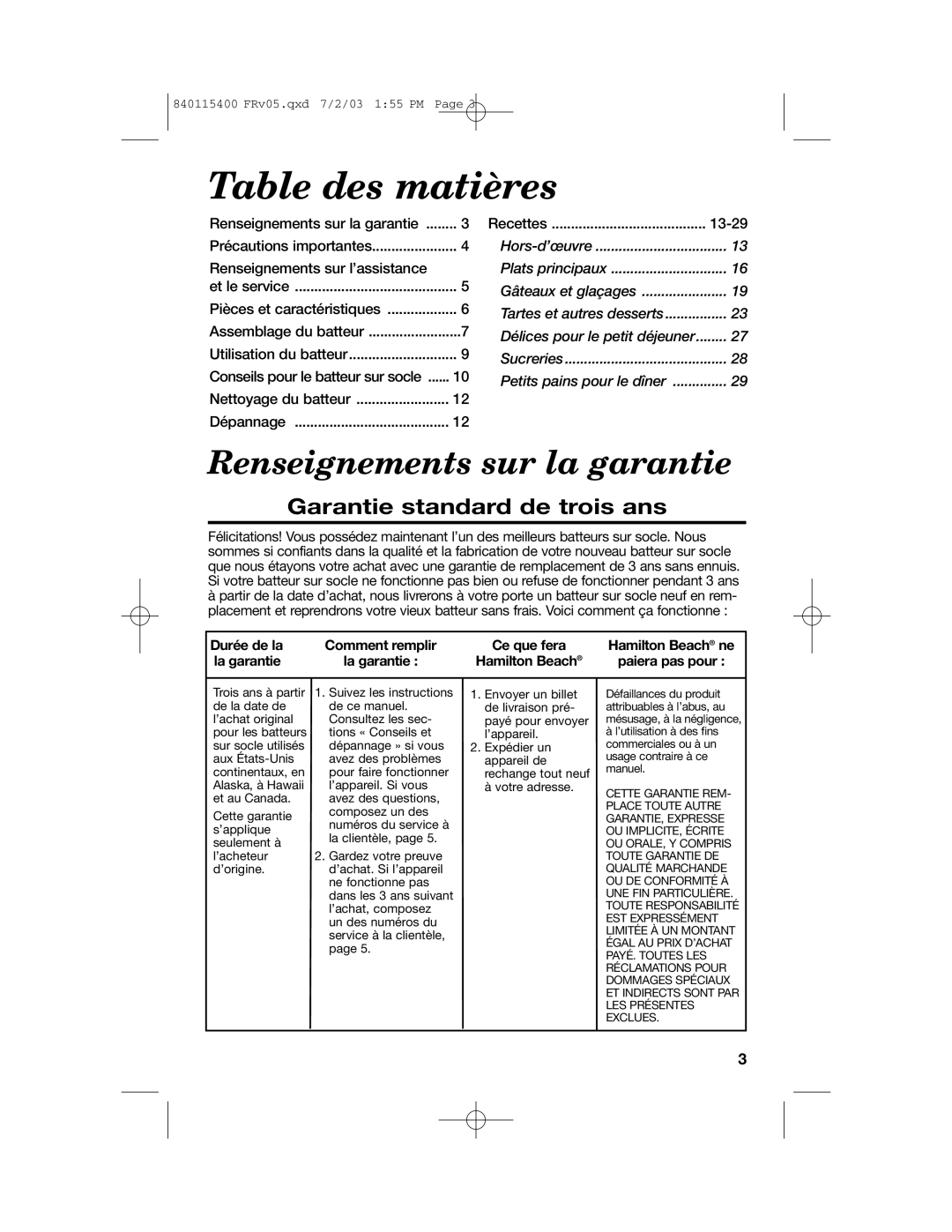 Hamilton Beach 63222CH manual Table des matières, Renseignements sur l’assistance 