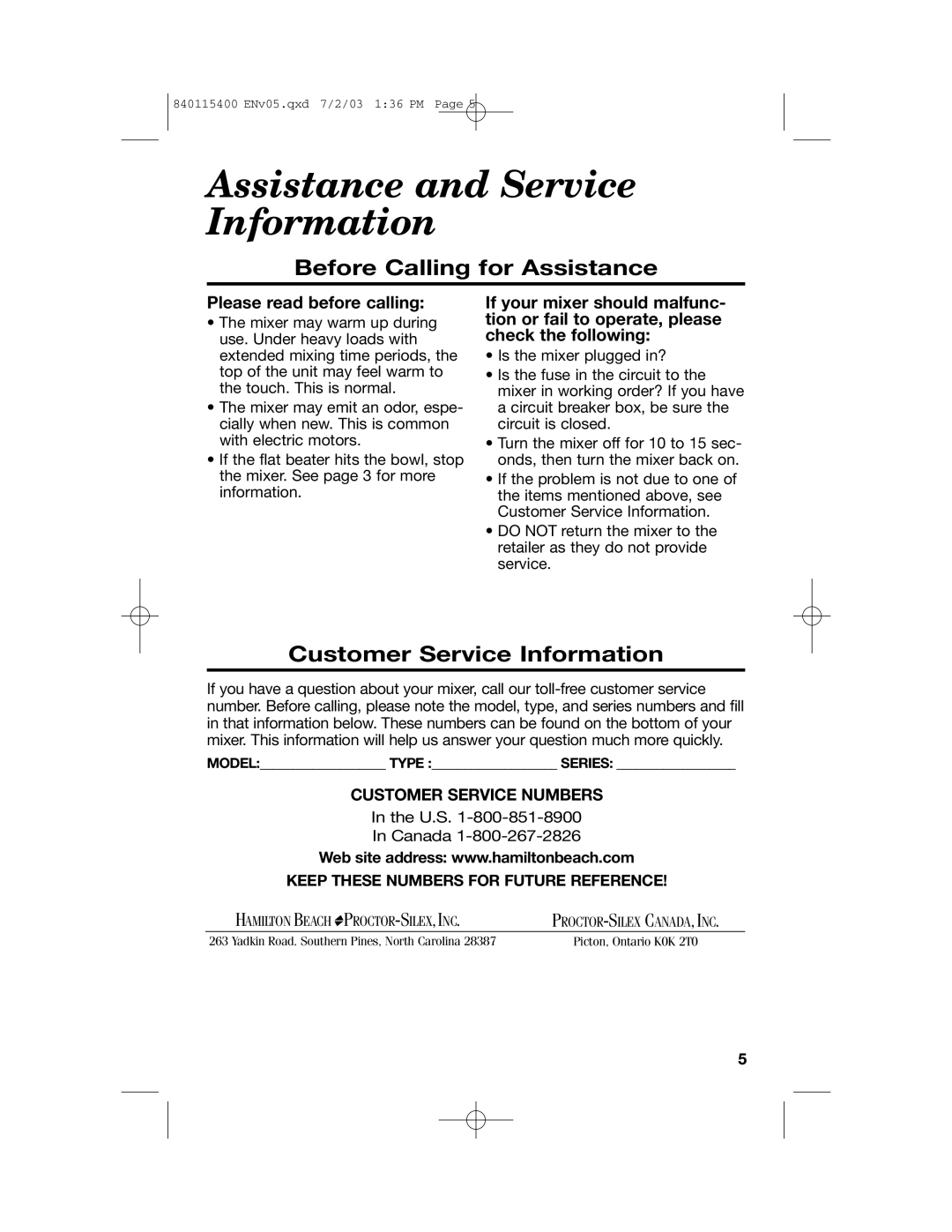 Hamilton Beach 63222CH manual Assistance and Service Information, Please read before calling 