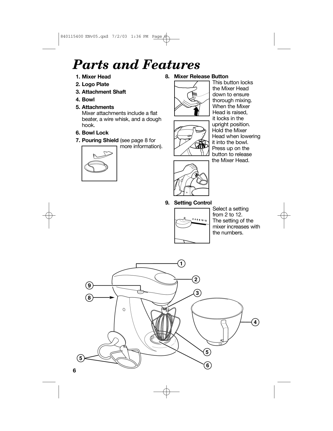 Hamilton Beach 63222CH manual Parts and Features, Mixer Head Logo Plate Attachment Shaft Bowl Attachments, Bowl Lock 