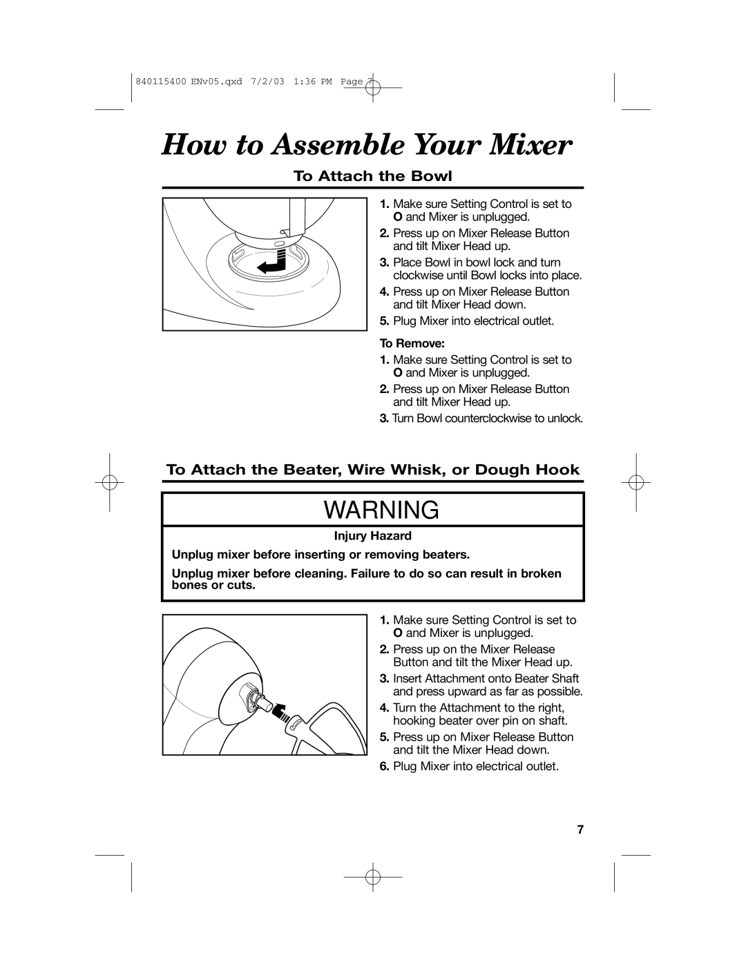 Hamilton Beach 63222CH How to Assemble Your Mixer, To Attach the Bowl, To Attach the Beater, Wire Whisk, or Dough Hook 