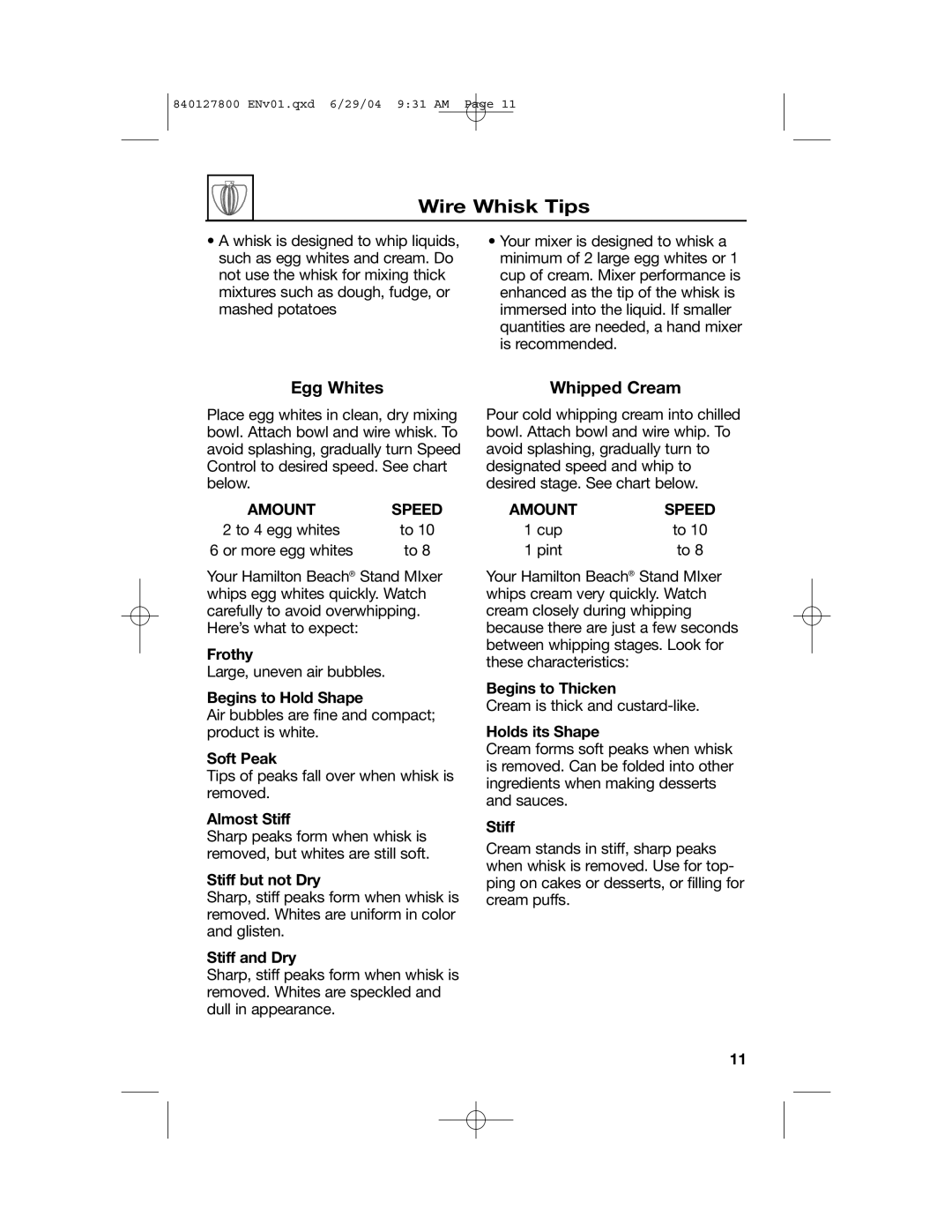 Hamilton Beach 63225 manual Wire Whisk Tips, Egg Whites, Whipped Cream 